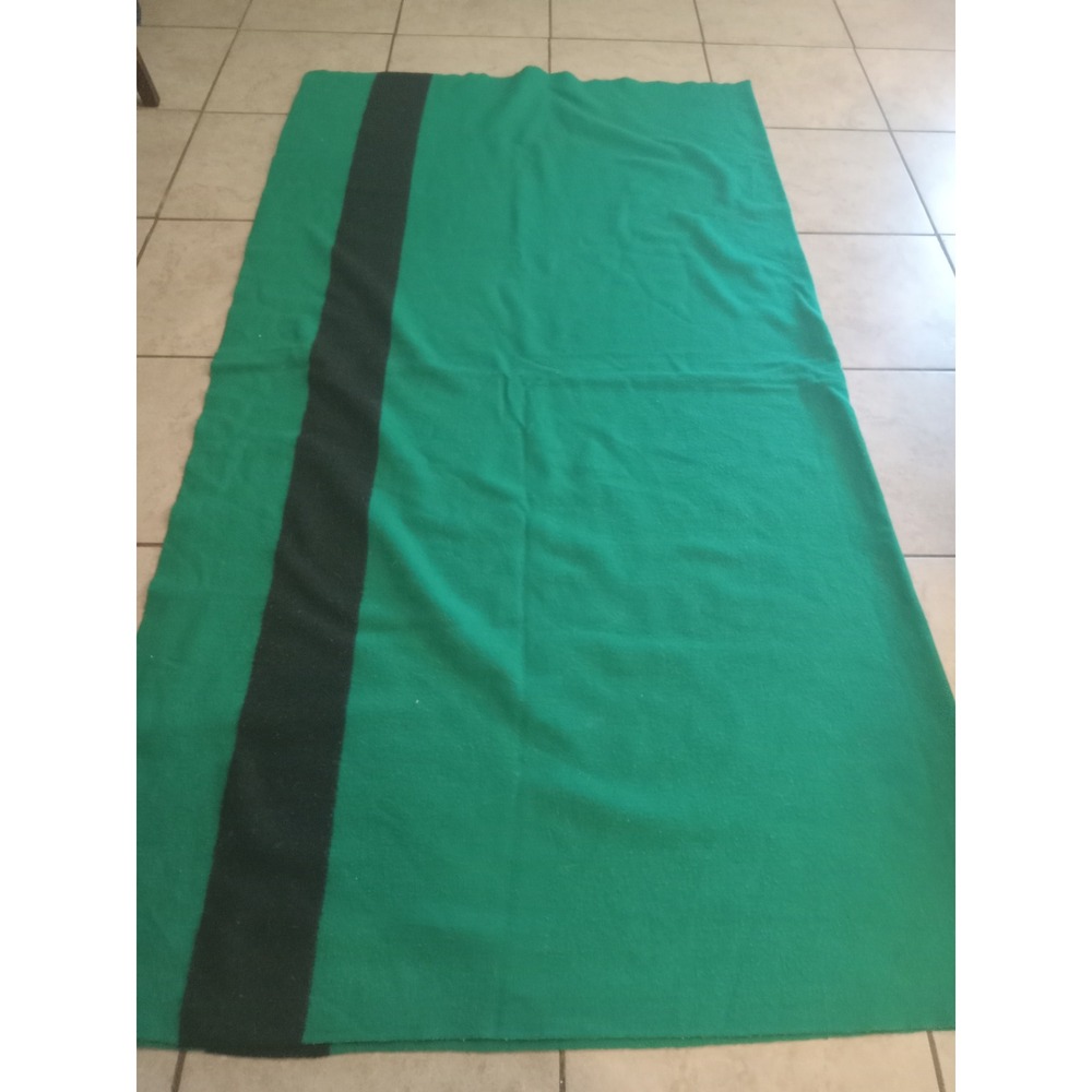 Vintage Hudsons Bay Company Green Wool Blanket Made in England Black Stripe HBC